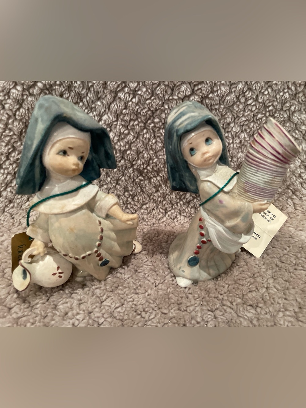 Vintage Fontanini Ceramic Nun Figurines in Blue and White - Brand Unmarked